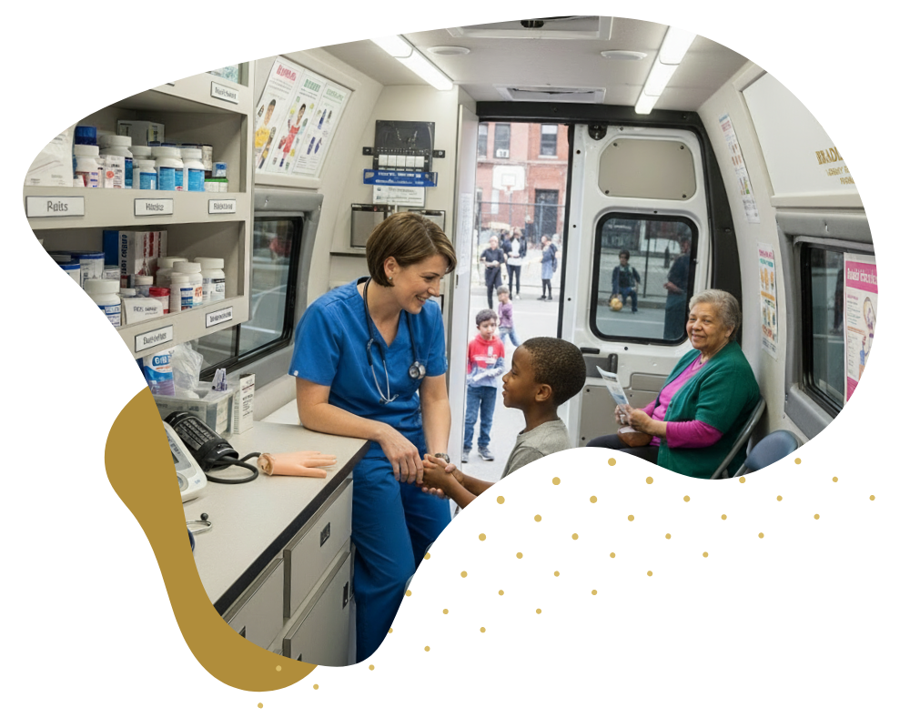 inside a mobile clinic with patients
