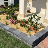 A garden with flowers and plants in front of a house.