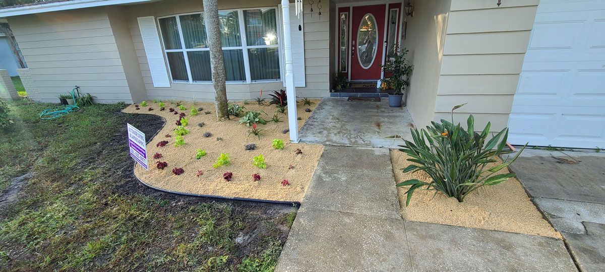 A house with a garden in front of it and a red door.