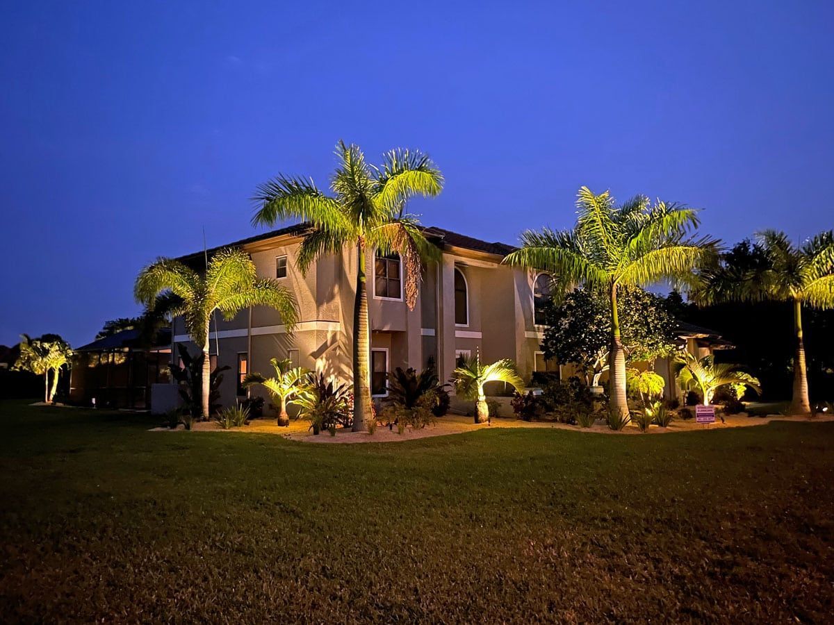 A large house with palm trees in front of it is lit up at night.