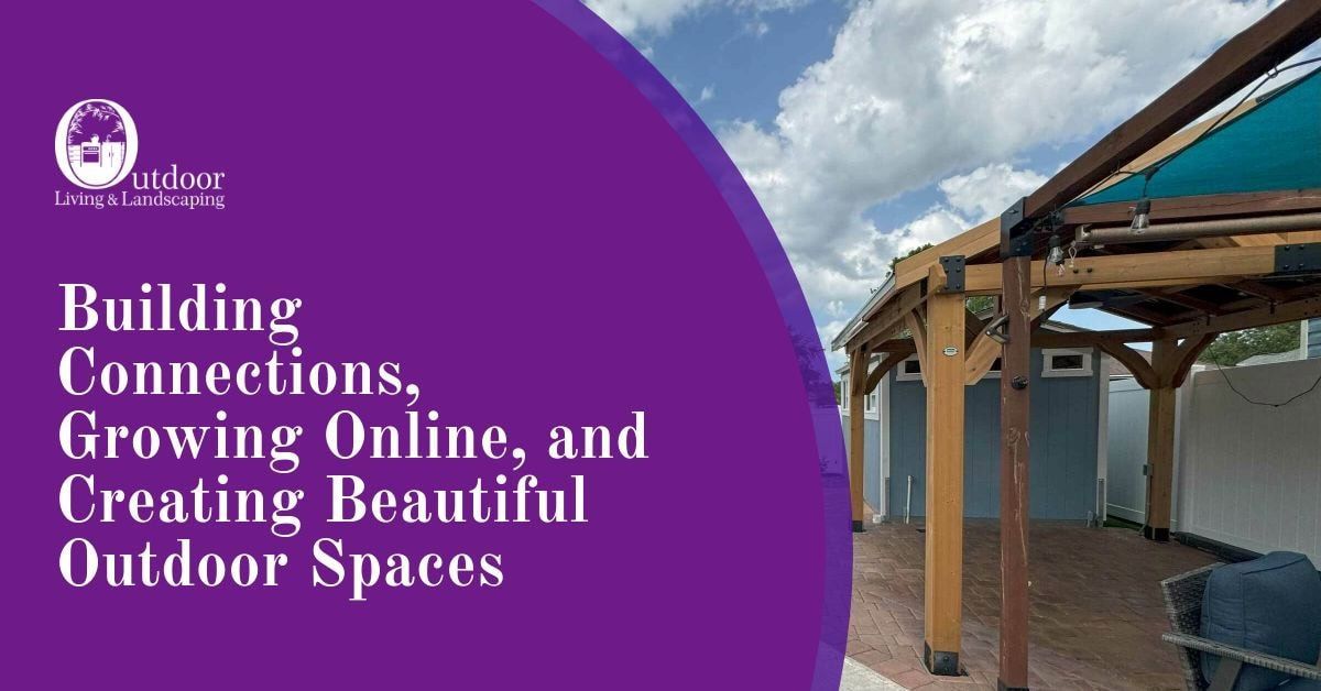 Purple banner with text, building an outdoor space with wooden structure and blue awning.