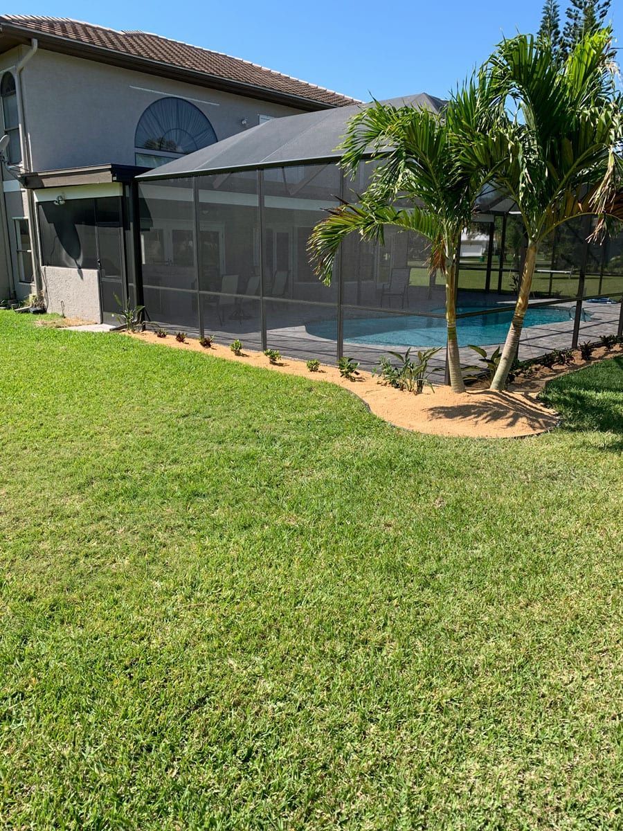 There is a screened in pool in the backyard of a house.