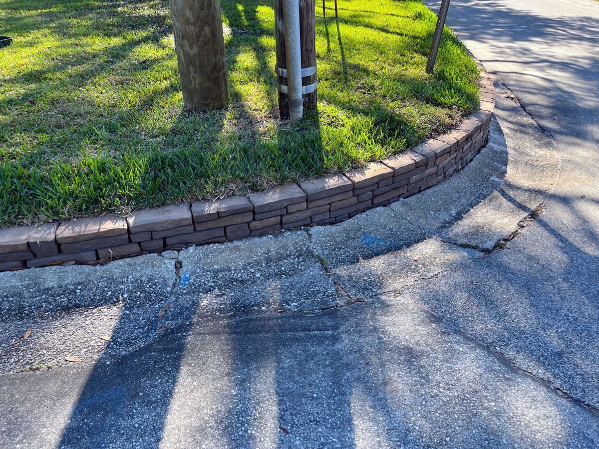A brick curb on the side of a road next to a tree.