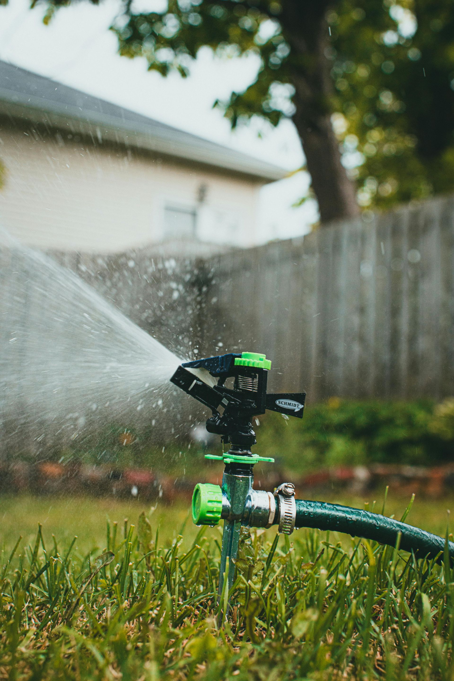 A sprinkler is spraying water on a lush green lawn.
