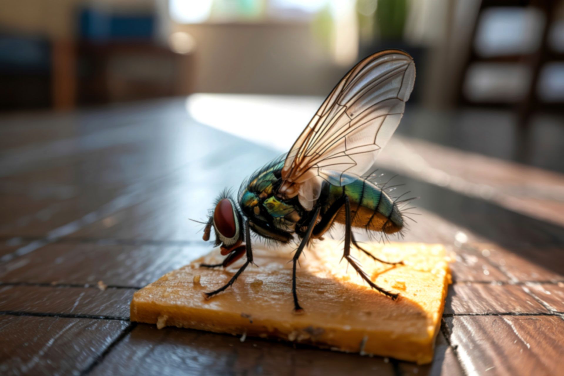A fly with iridescent green and gold body on a small piece of food on a wood table.