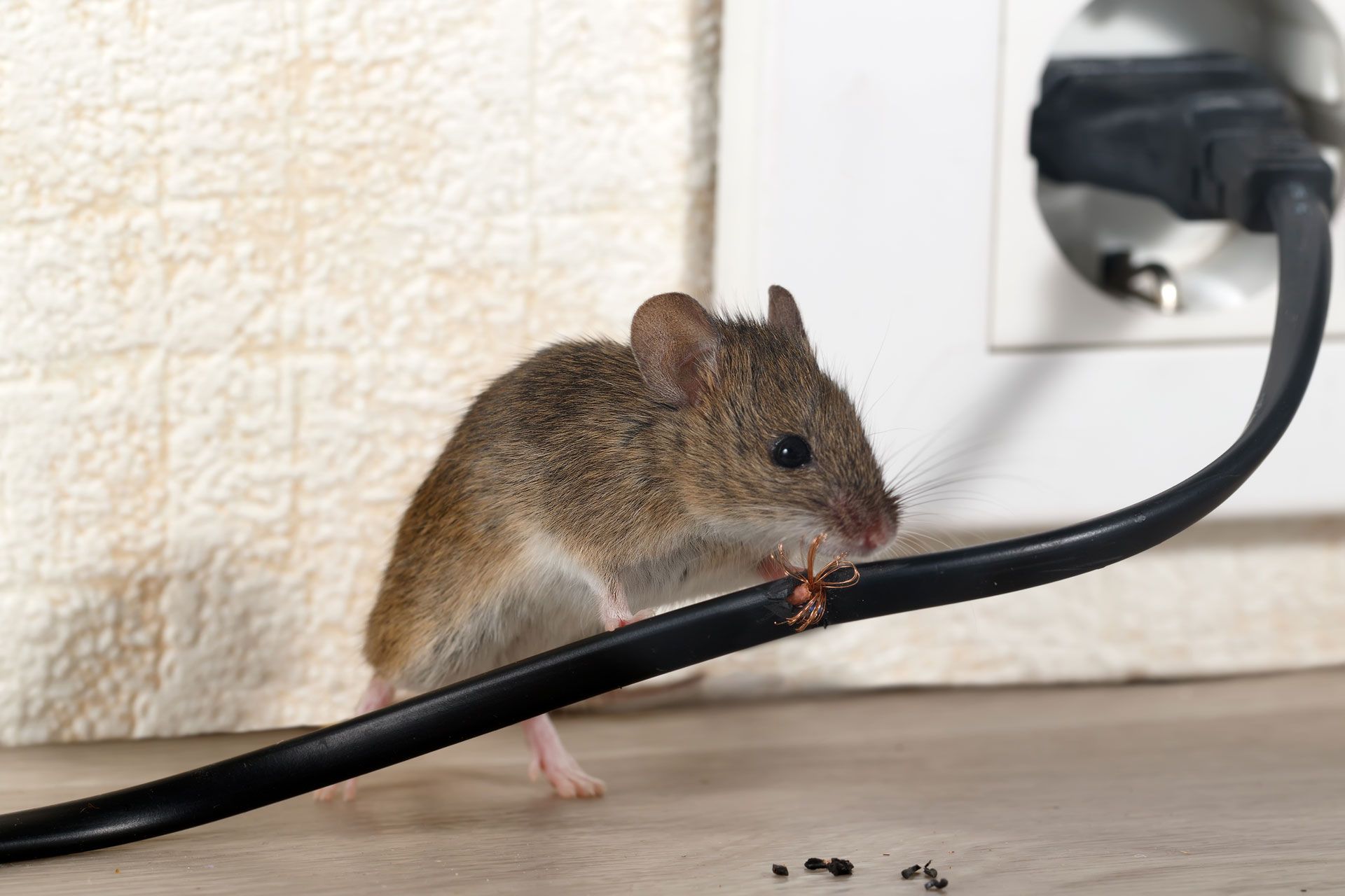A small mouse chewing on a black power cable near a wall outlet.
