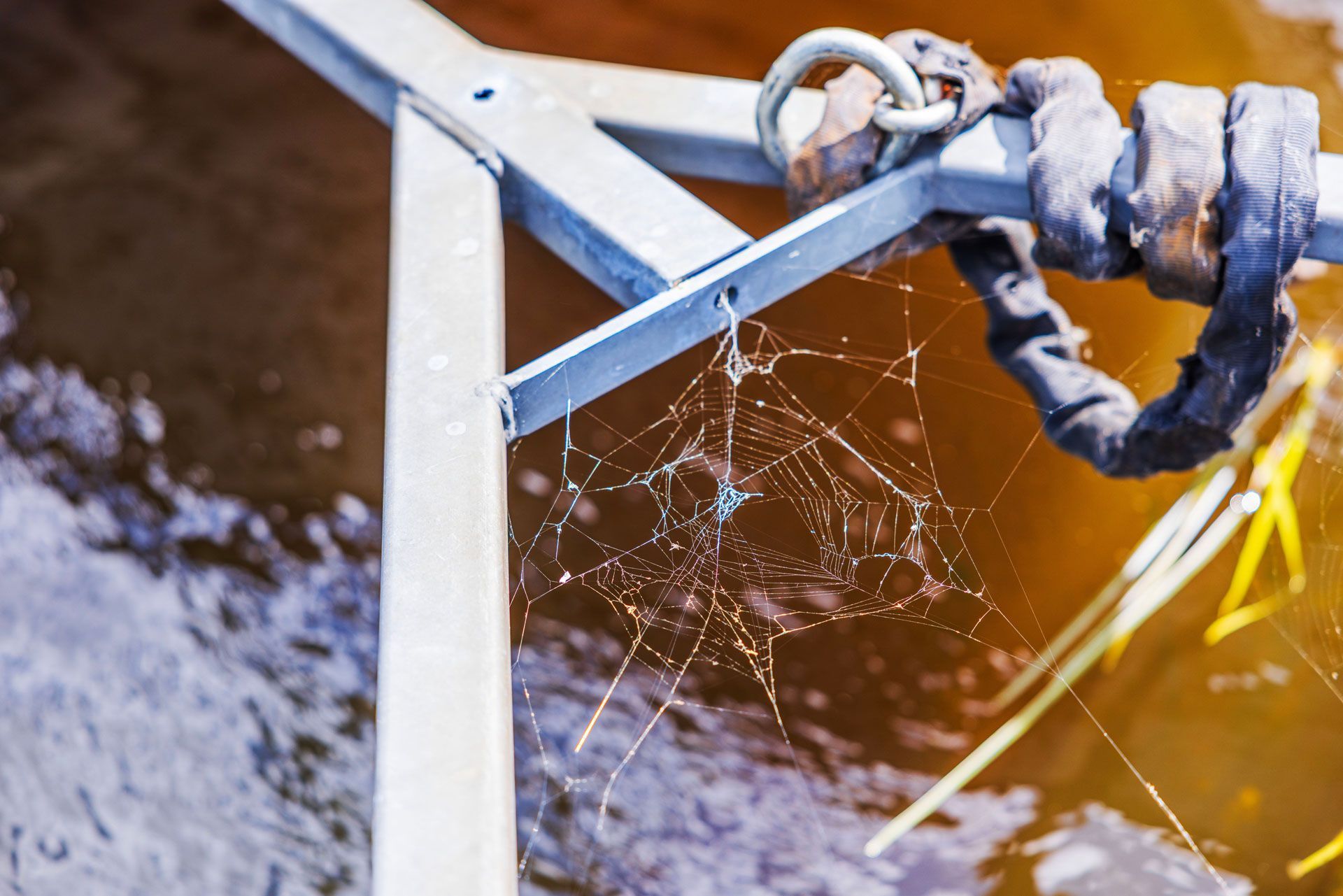Spiderweb spun on metal frame over water.