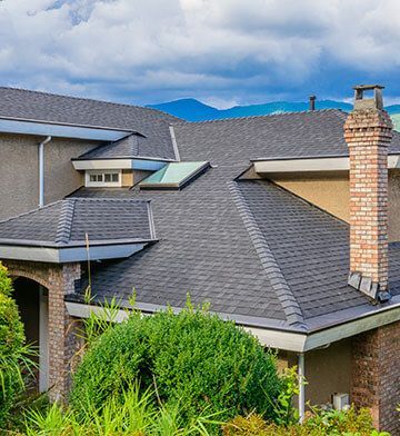 A gray-shingled roof with a skylight and a brick chimney sits against a backdrop of distant blue mountains.