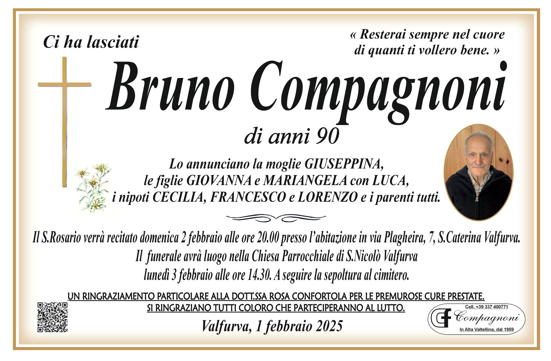 A funeral card for bruno compagnoni di anni 90