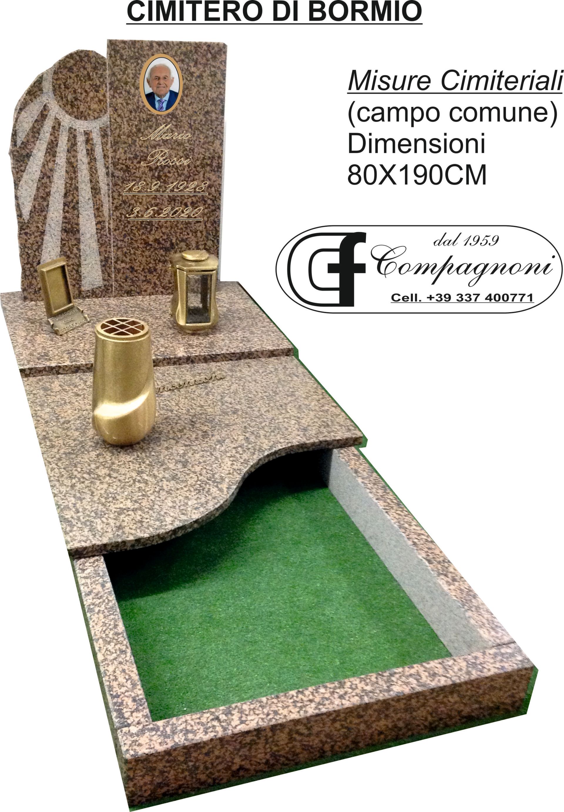 Disegno di lapide con lapide, vaso in bronzo e vasi di fiori. Include informazioni sulle dimensioni (80x190 cm) e la scritta 