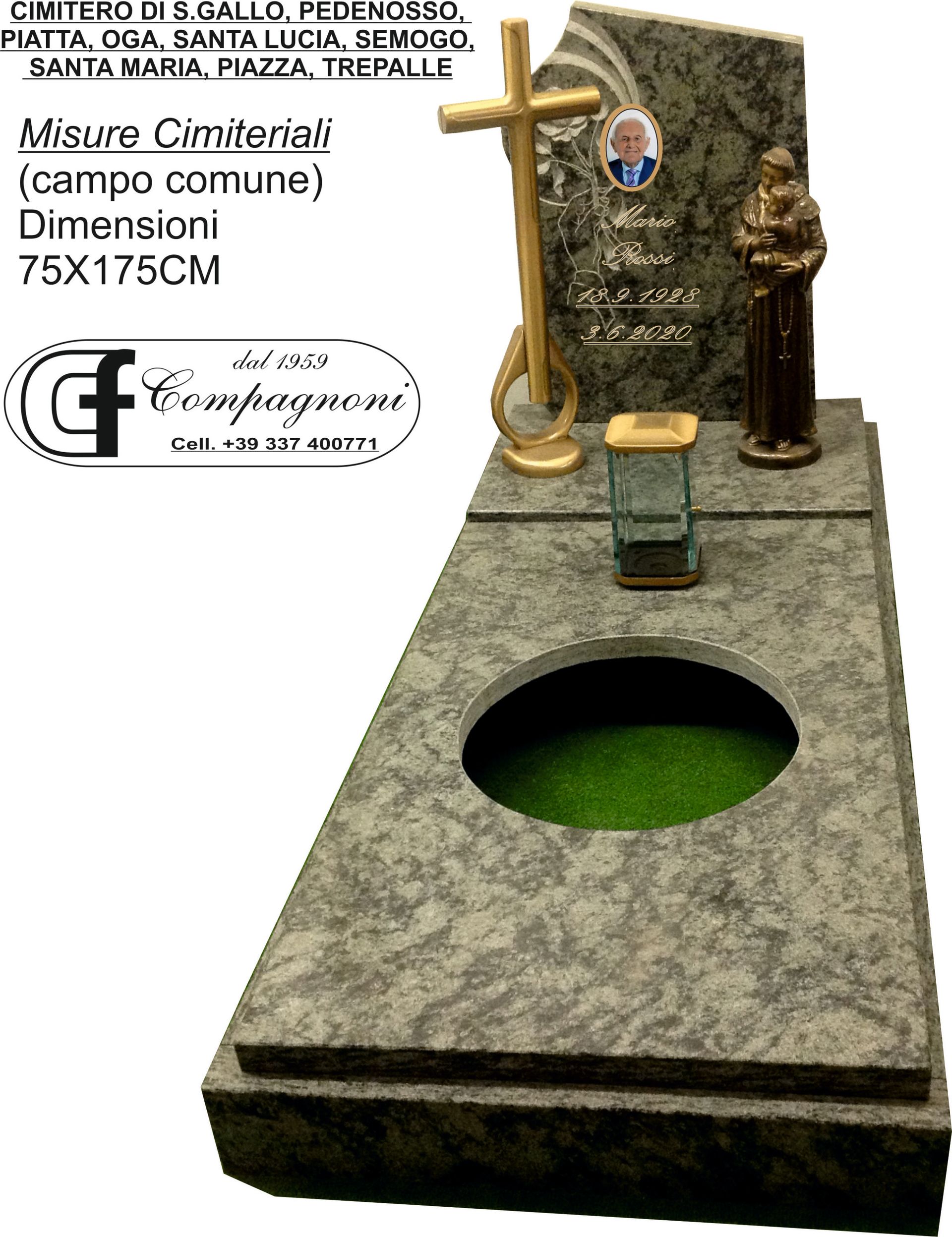 Lapide con croce, statua e foto. Pietra grigia con dimensioni 75X175CM. Testo: OMITERO DI GALLO ecc.