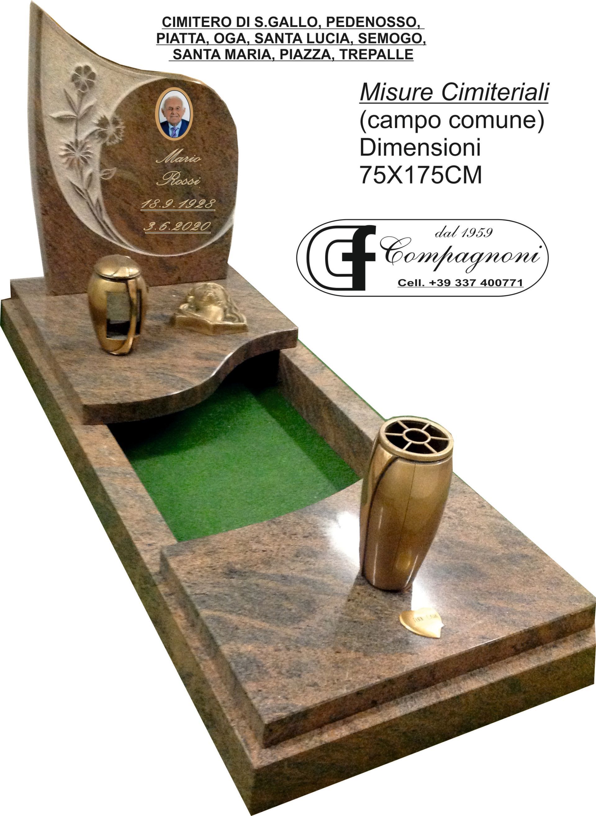 Lapide con base in granito marrone e lapide decorata con fiori. Presenta due urne dorate e una sezione verde.