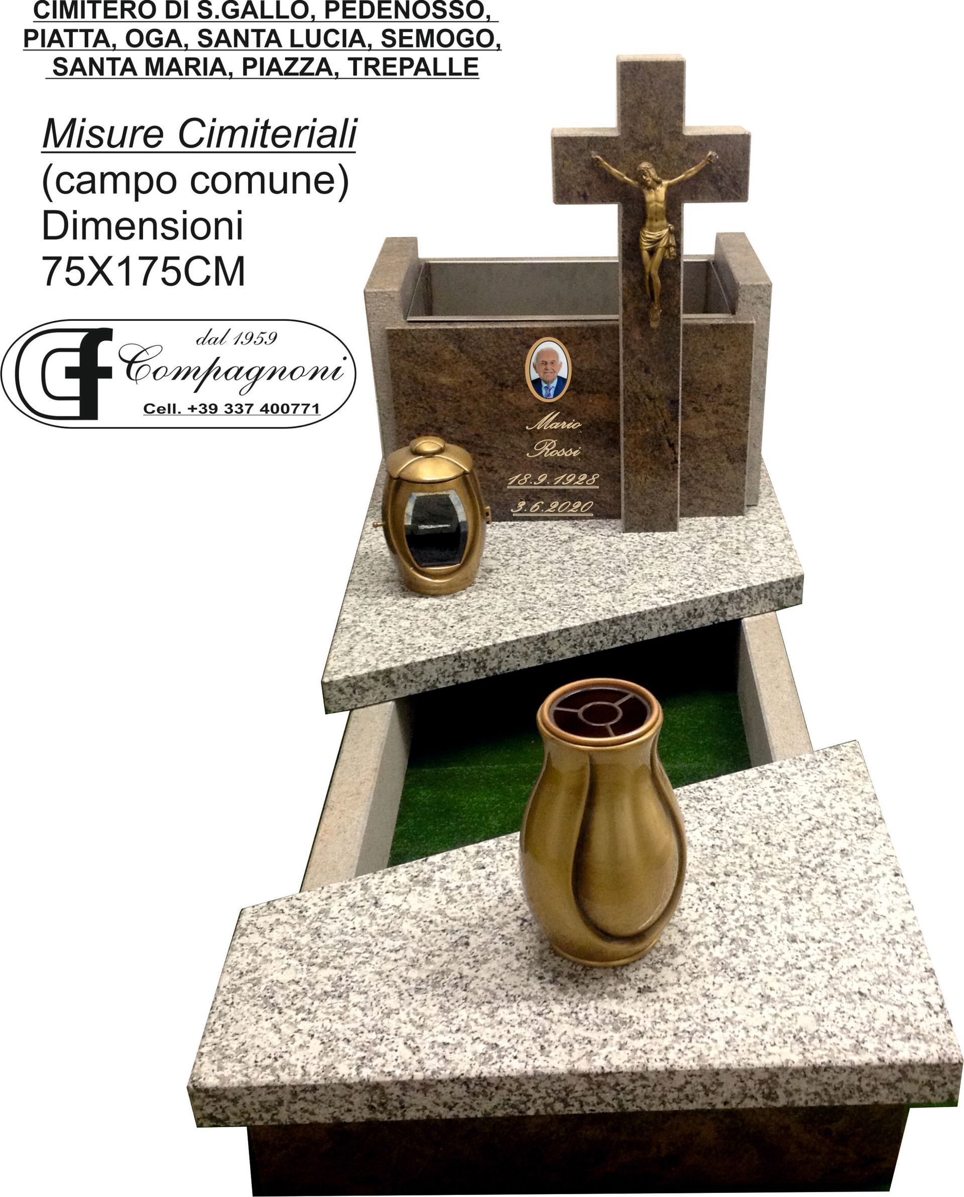 Monumento con croce e urna d'oro su base di granito. Iscrizione: 
