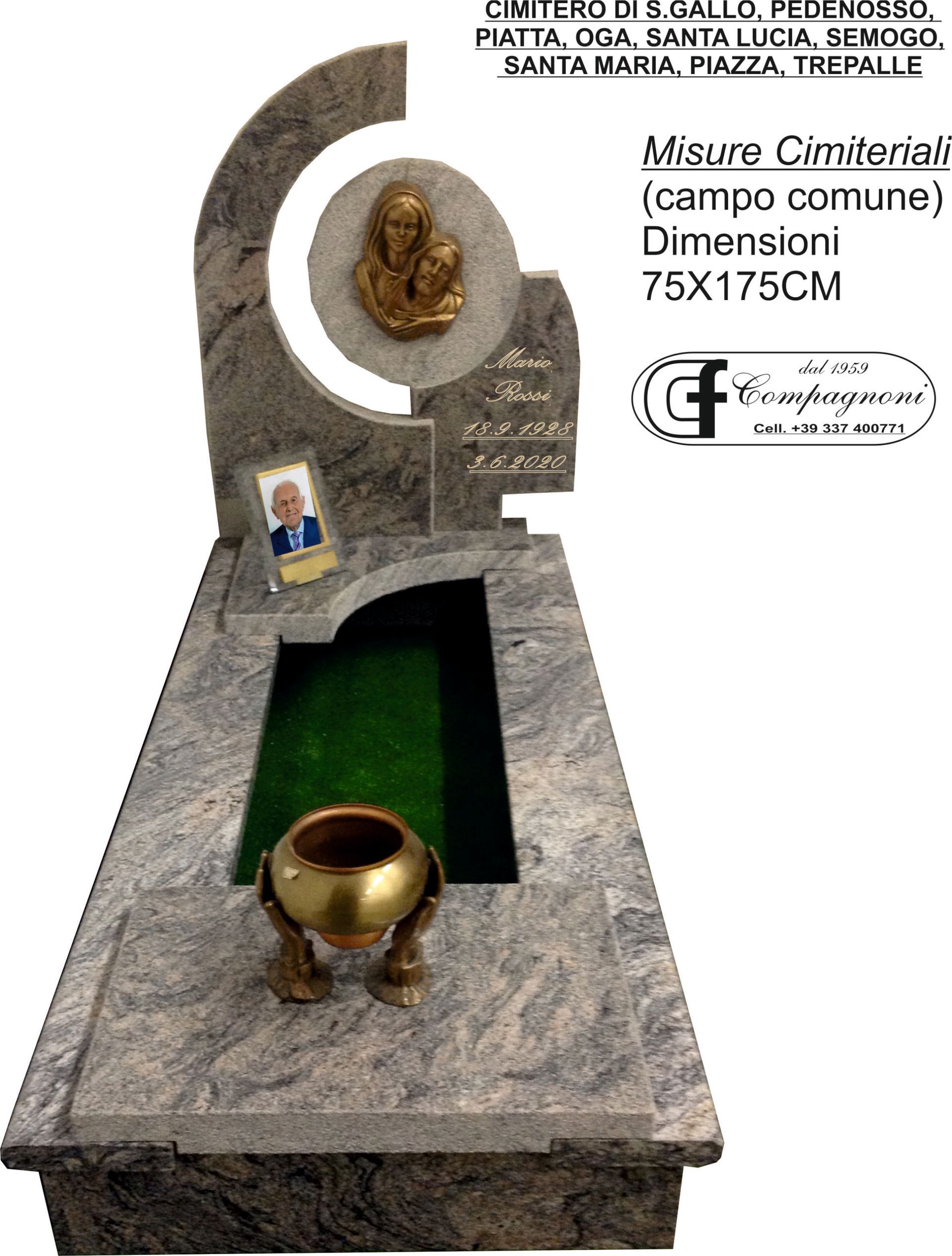 Lapide in granito con un'urna color oro, uno stemma circolare e una foto.