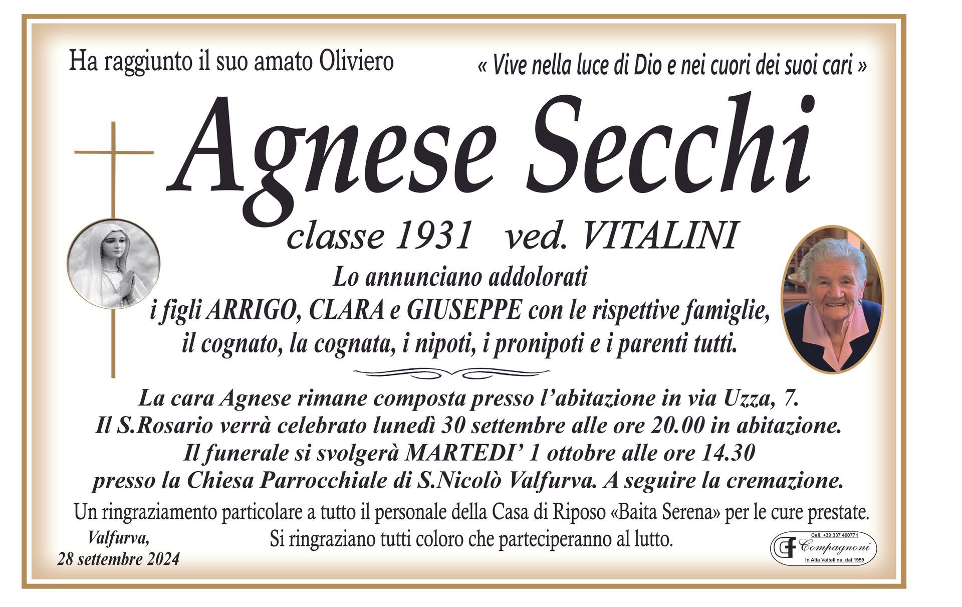 A funeral card for celina salvadori class 1927 ved sacchi