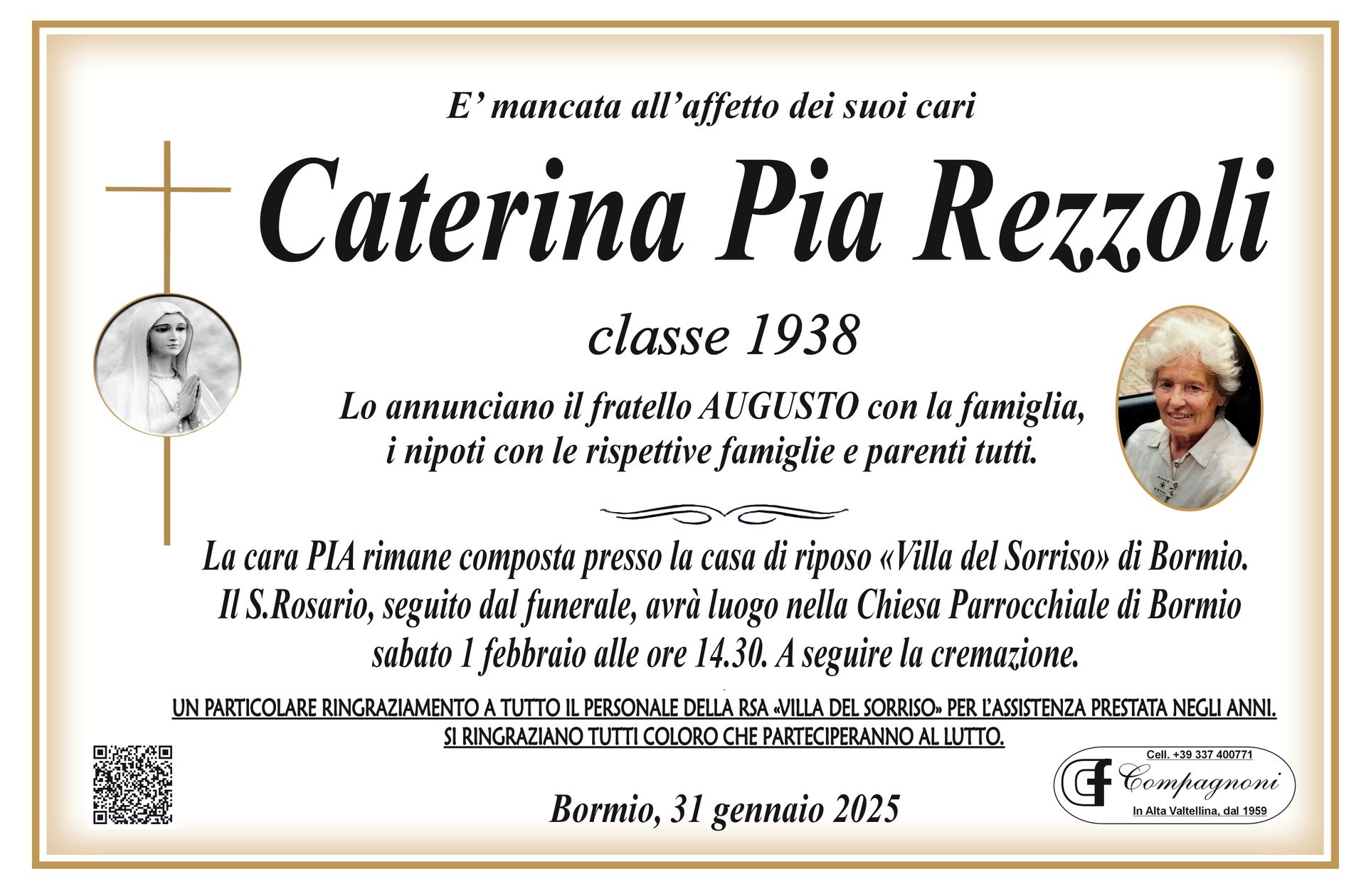 A funeral announcement for caterina pia rezzoli class 1938