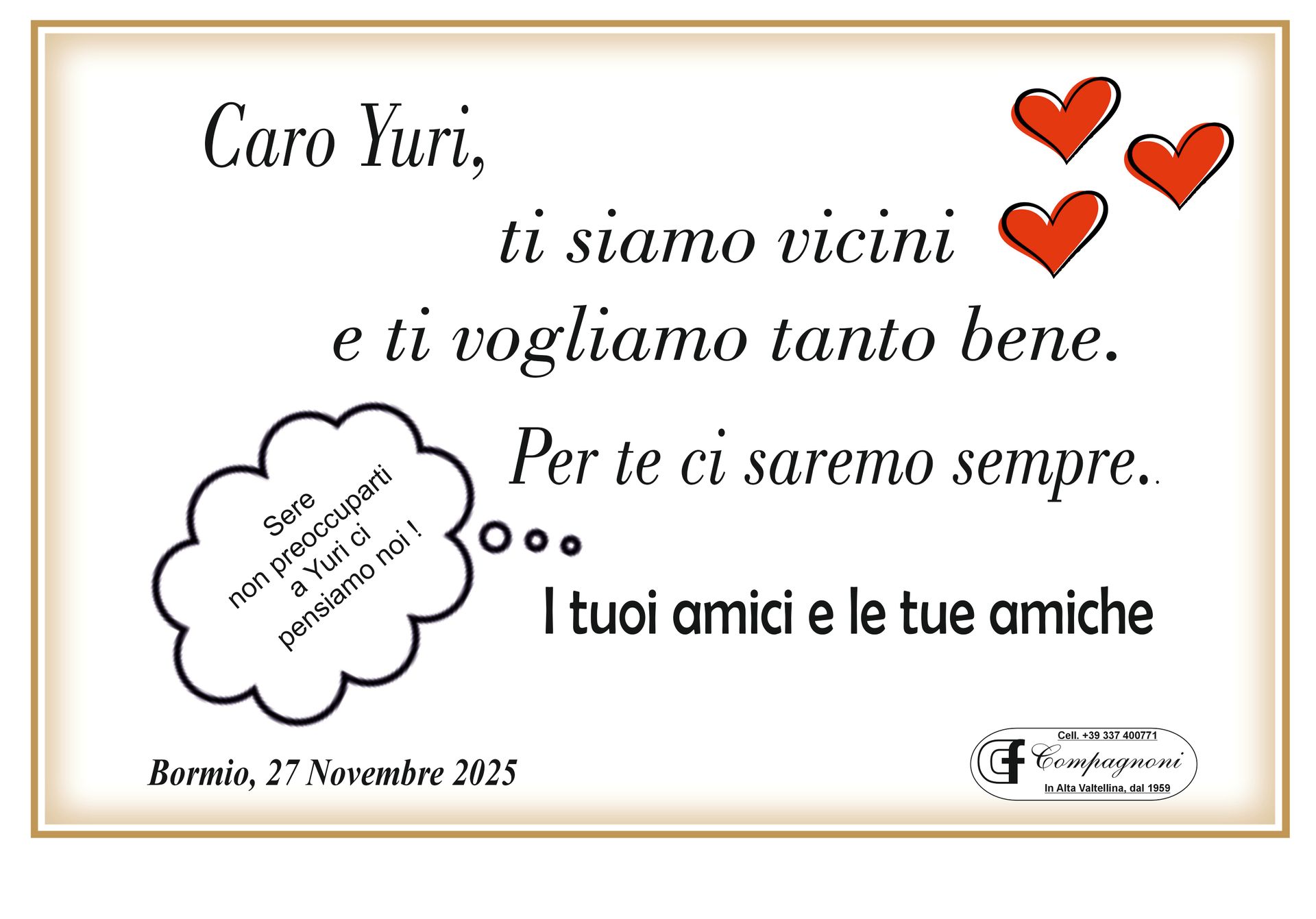 Get-well card in Italian to Yuri. Text says 
