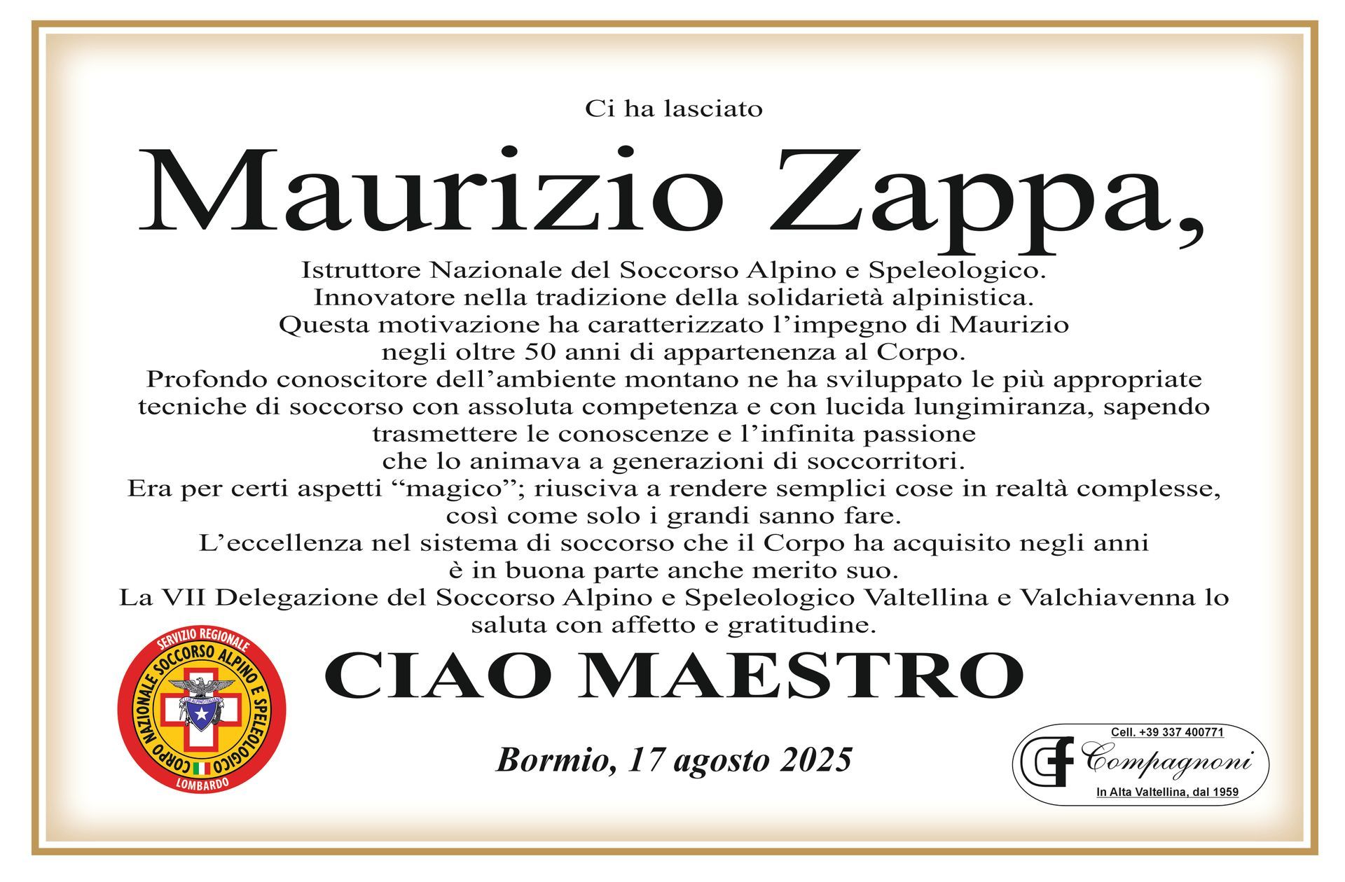 Necrologio di Maurizio Zappa, figura di spicco dell'ambiente alpinistico e speleologico, datato 17 agosto 2025.