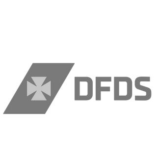 Gray DFDS logo: tilted parallelogram with a cross icon, followed by