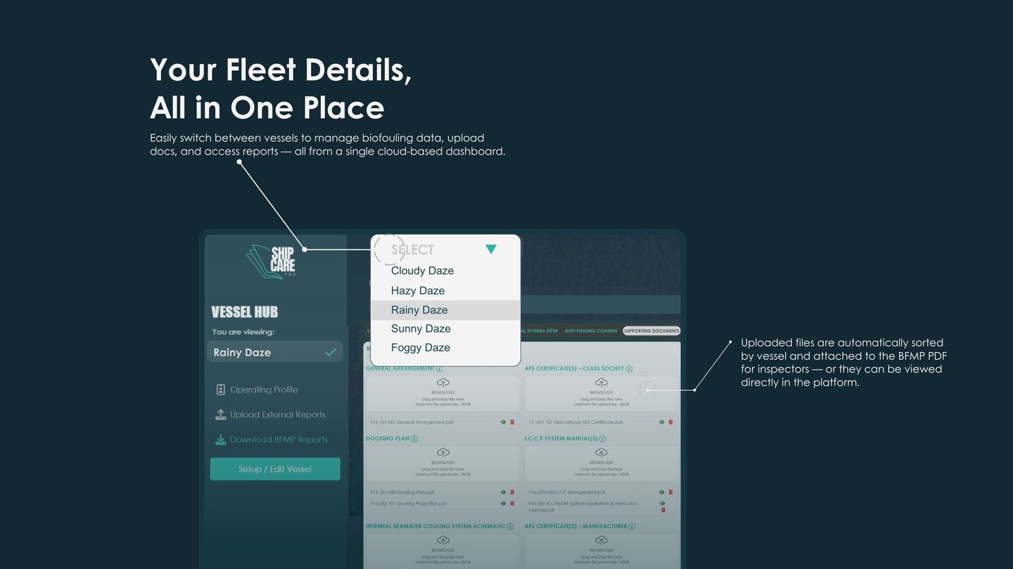 Dark-themed interface showing fleet details, a dropdown menu, and text promoting all-in-one fleet management.