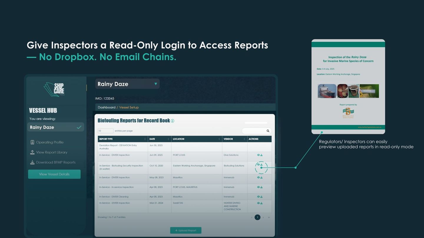 Screenshot showing a digital platform for inspectors with read-only access to reports, eliminating Dropbox and email chains.