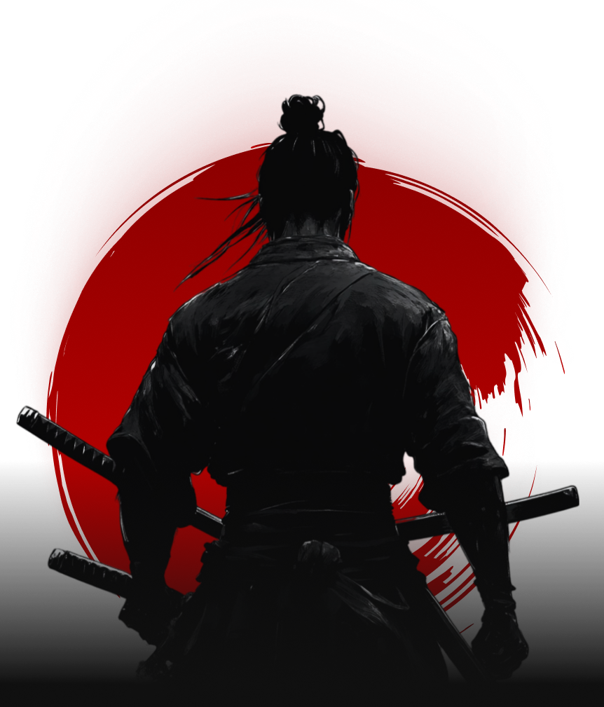 Silhouette of samurai with two katanas in front of a red sun.