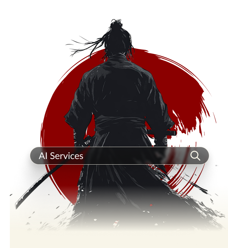 Silhouette of samurai with two katanas in front of a red sun.