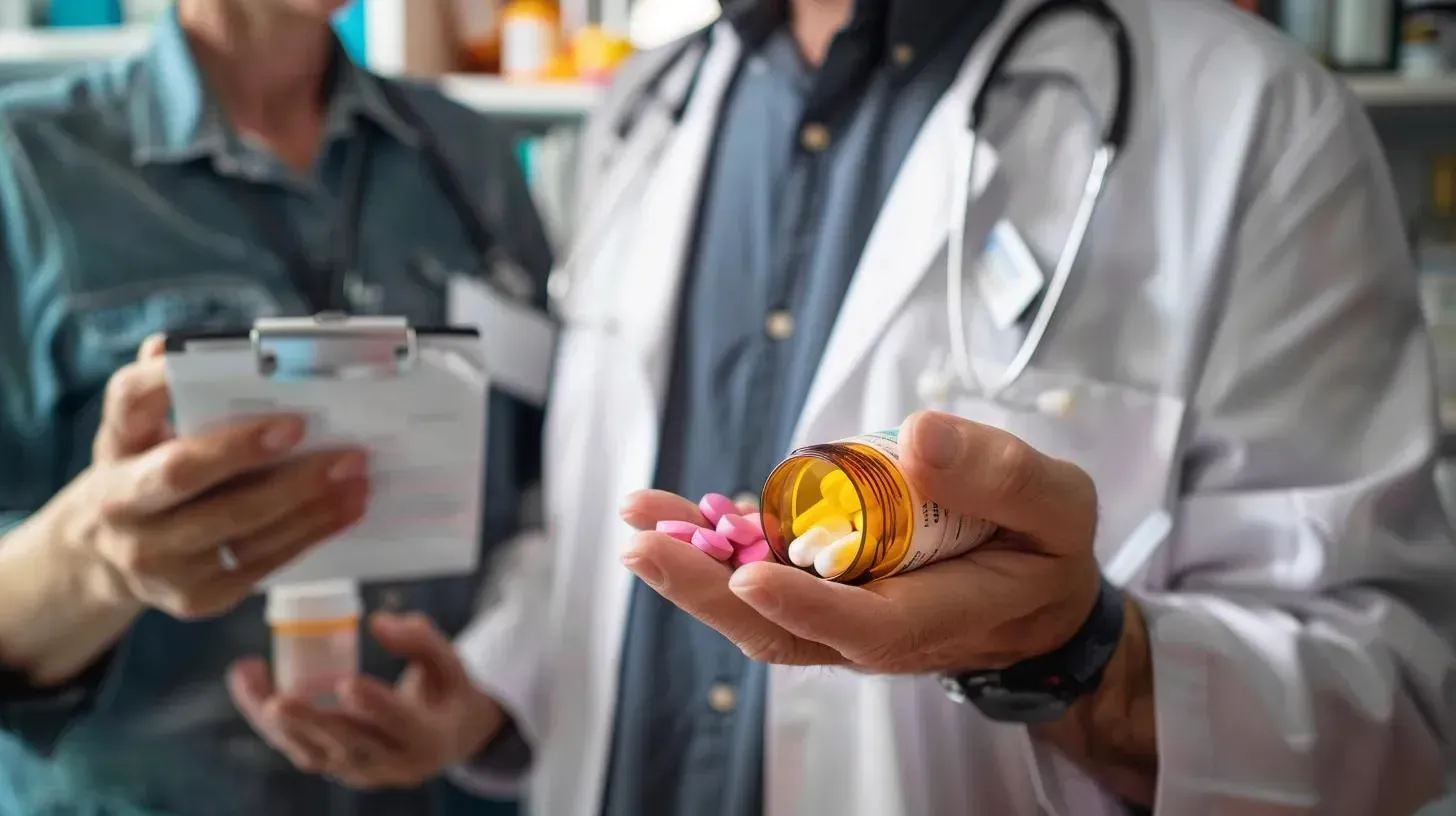 Healthcare professional holding a bottle of medication with pink and yellow pills, discussing treatment options with a patient, emphasizing the importance of medication history for weight management decisions.