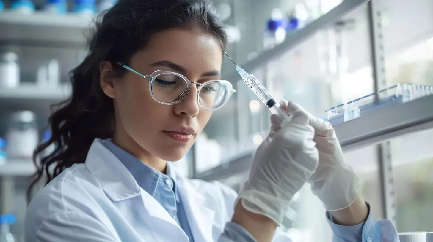 Female scientist in lab coat and gloves preparing a syringe, surrounded by laboratory equipment, emphasizing semaglutide injection preparation for weight management.