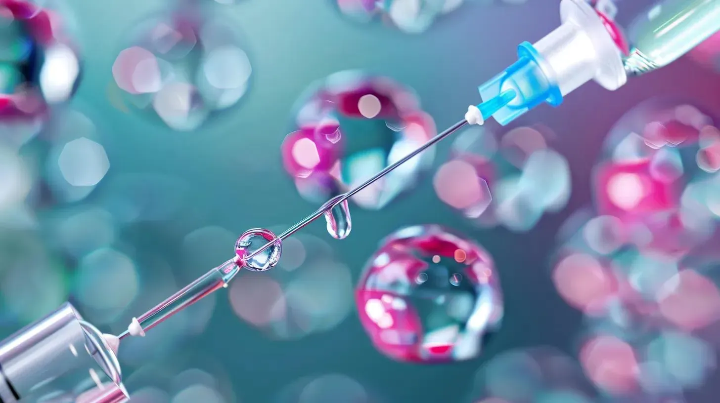 Syringe with a droplet of liquid, representing semaglutide injection, surrounded by colorful bokeh effects, illustrating injection options for weight management.