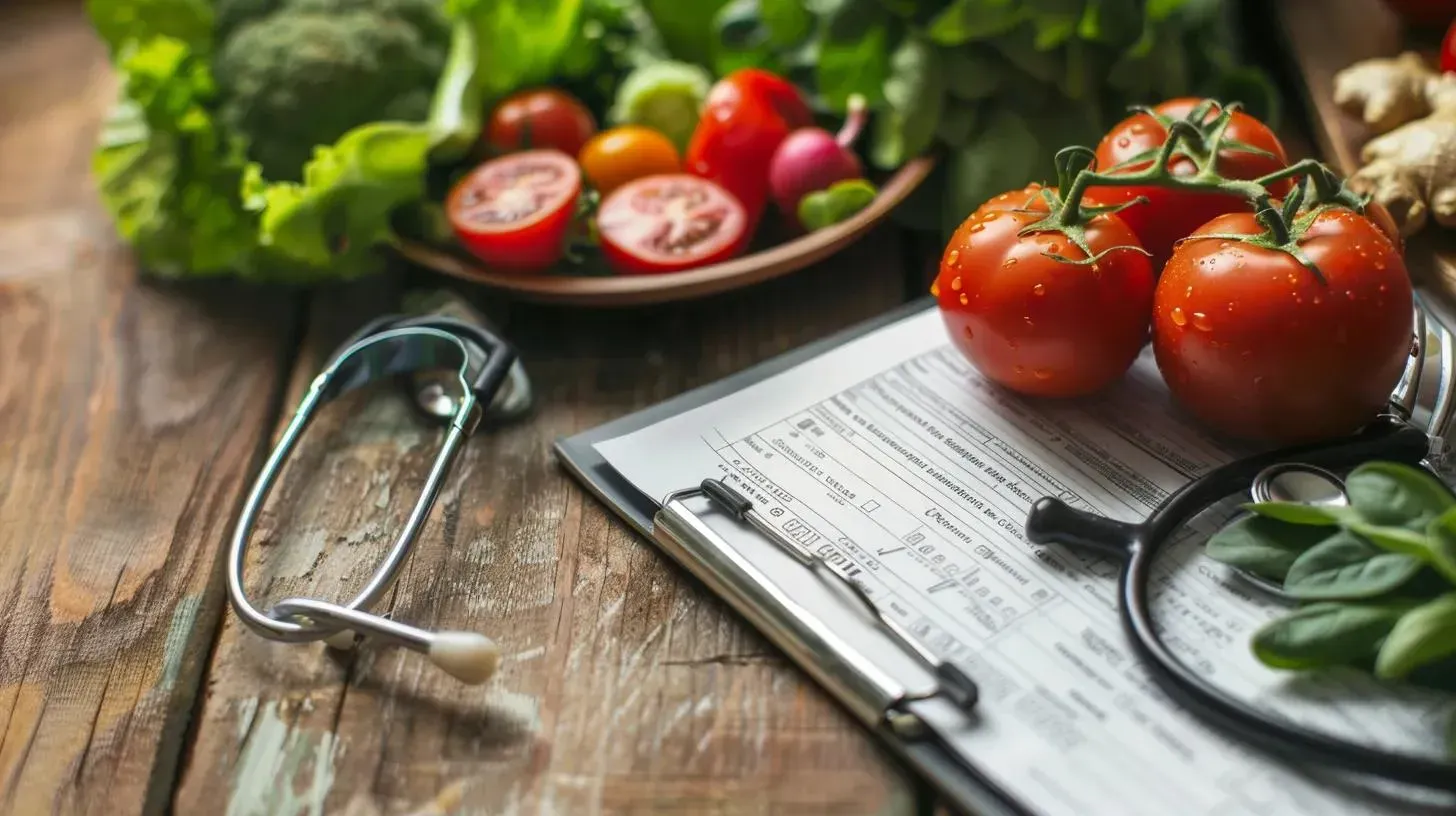 Stethoscope and medical paperwork beside fresh tomatoes and greens, symbolizing health and nutrition in weight loss management.