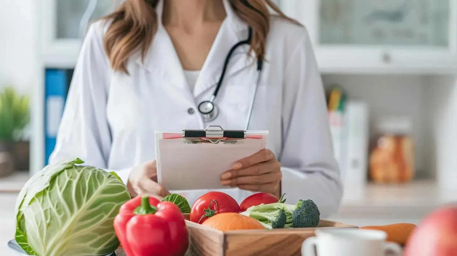 Healthcare provider in a white coat holding a clipboard, surrounded by fresh vegetables and fruits, emphasizing nutrition guidance and support for weight loss management.