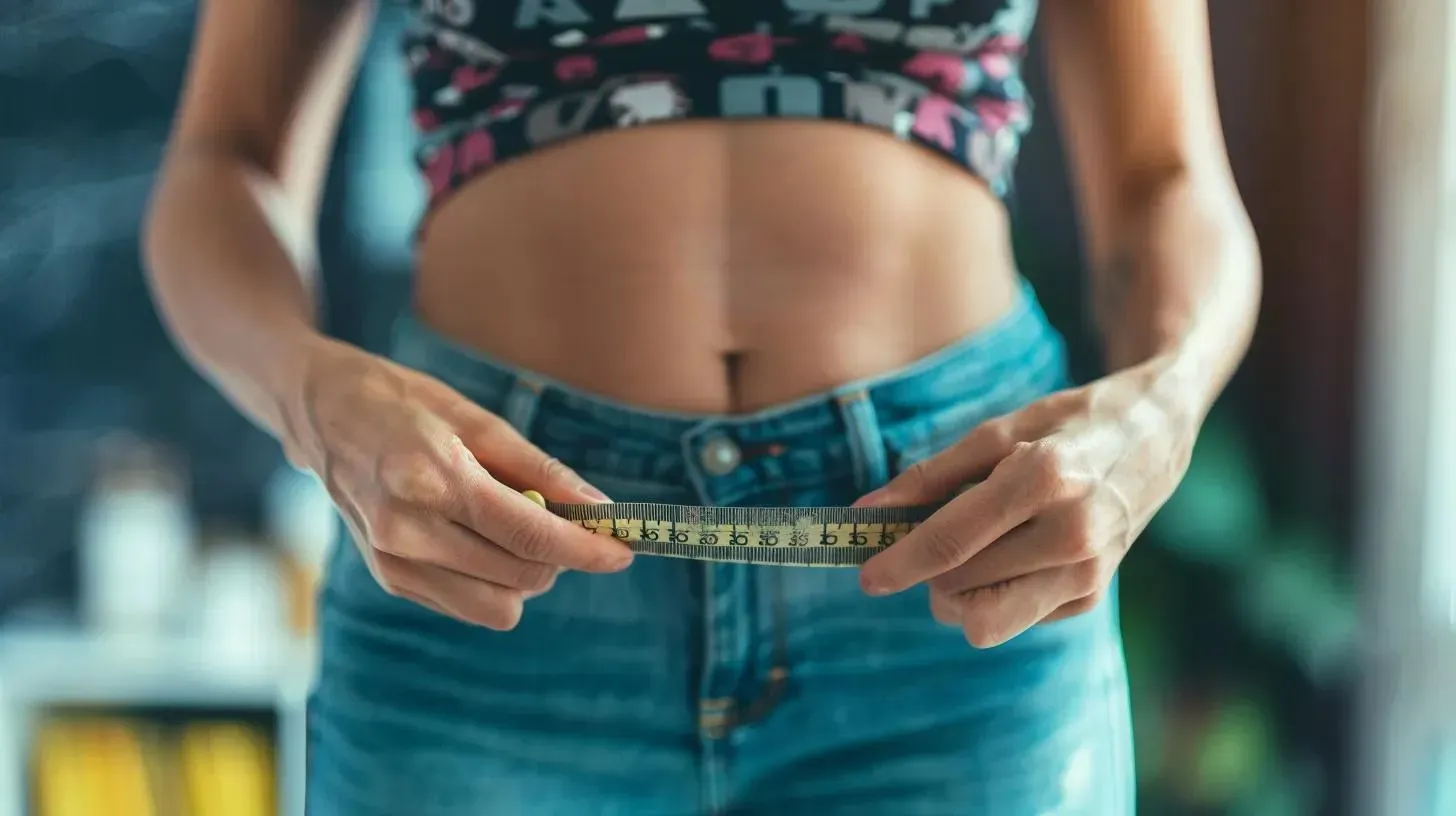 Woman measuring waist with tape, emphasizing weight tracking in weight-loss journey related to GLP-1 treatments.