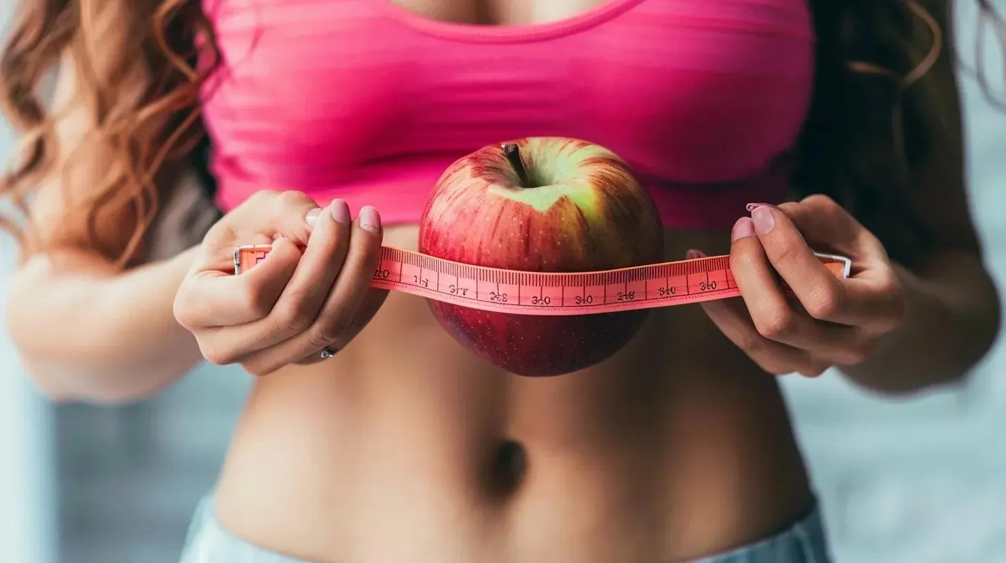 Woman measuring an apple with a tape measure, symbolizing healthy eating and weight management during the first month of GLP-1 medication for weight loss.
