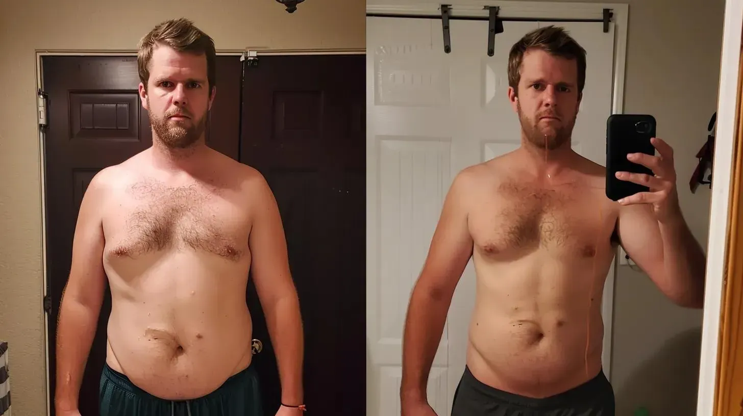 Before-and-after weight loss transformation of a man, showcasing significant body changes, emphasizing the impact of GLP-1 medications for weight management.