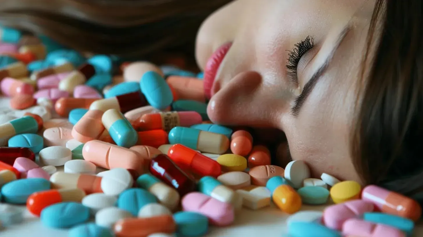 Woman resting her head on a colorful assortment of pills and capsules, symbolizing medication use and potential side effects related to GLP-1 weight-loss treatments.