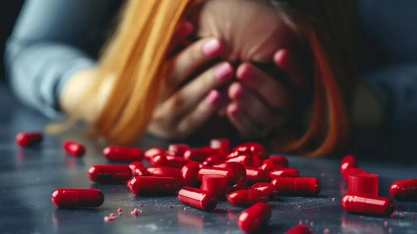 Person with hands covering face, surrounded by spilled red capsules, illustrating the emotional distress associated with medication side effects like nausea from GLP-1 treatments.