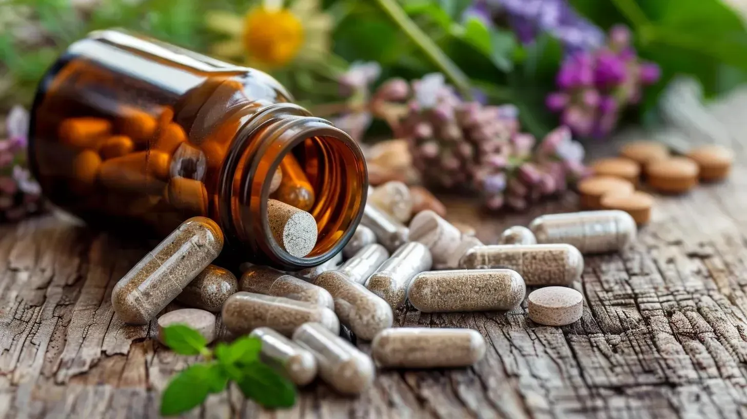 Brown glass bottle spilled with various dietary supplements and capsules on a wooden surface, surrounded by greenery and flowers, relevant to health and wellness discussions, including GLP-1 medication side effects.