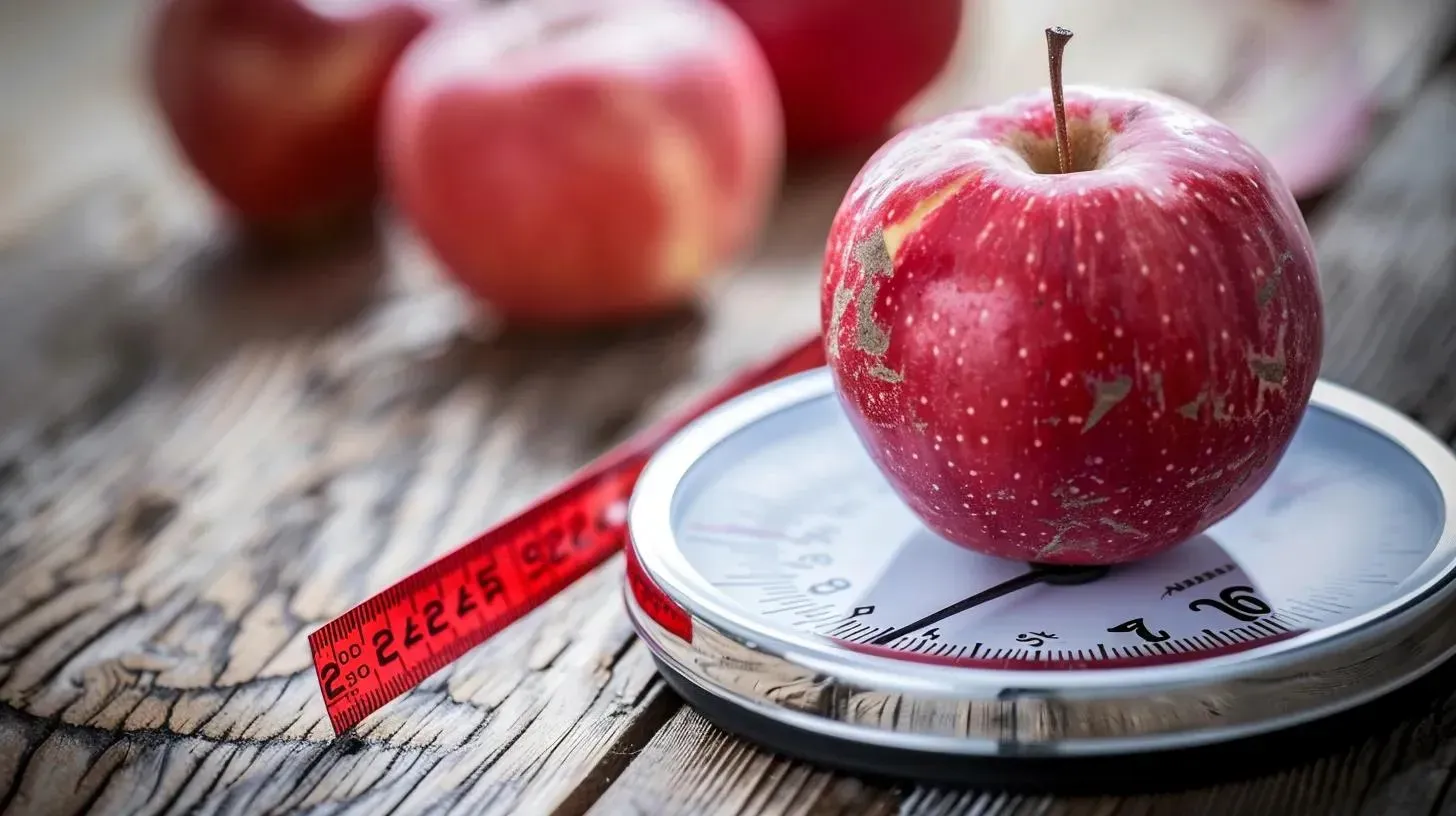 Red apple on a scale with a measuring tape, symbolizing weight management and healthy eating in the context of GLP-1 weight-loss treatments.