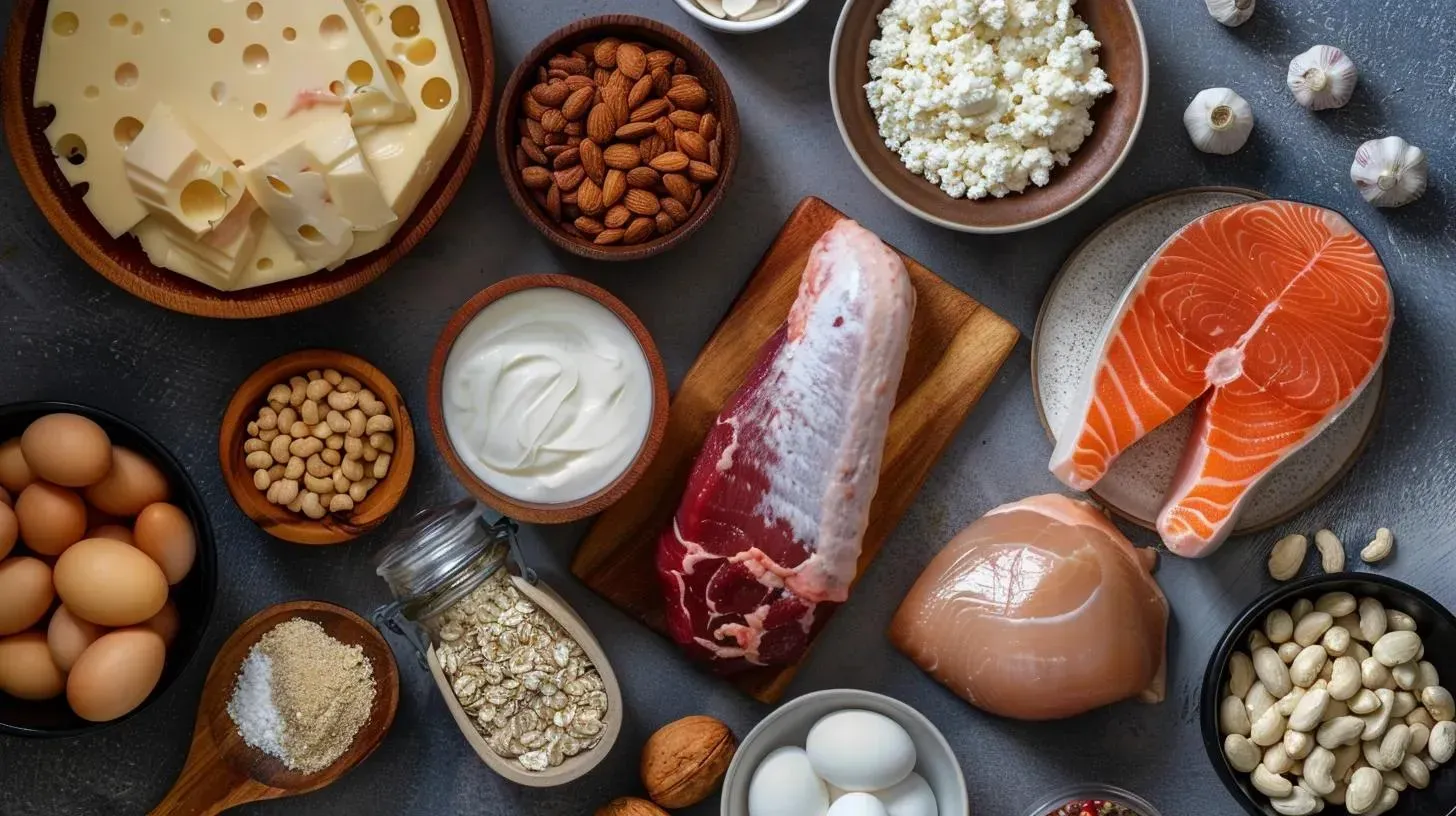 Assorted protein-rich foods including eggs, salmon, lean meats, dairy products, nuts, and oats, arranged on a gray background, emphasizing dietary options for muscle preservation while losing weight.