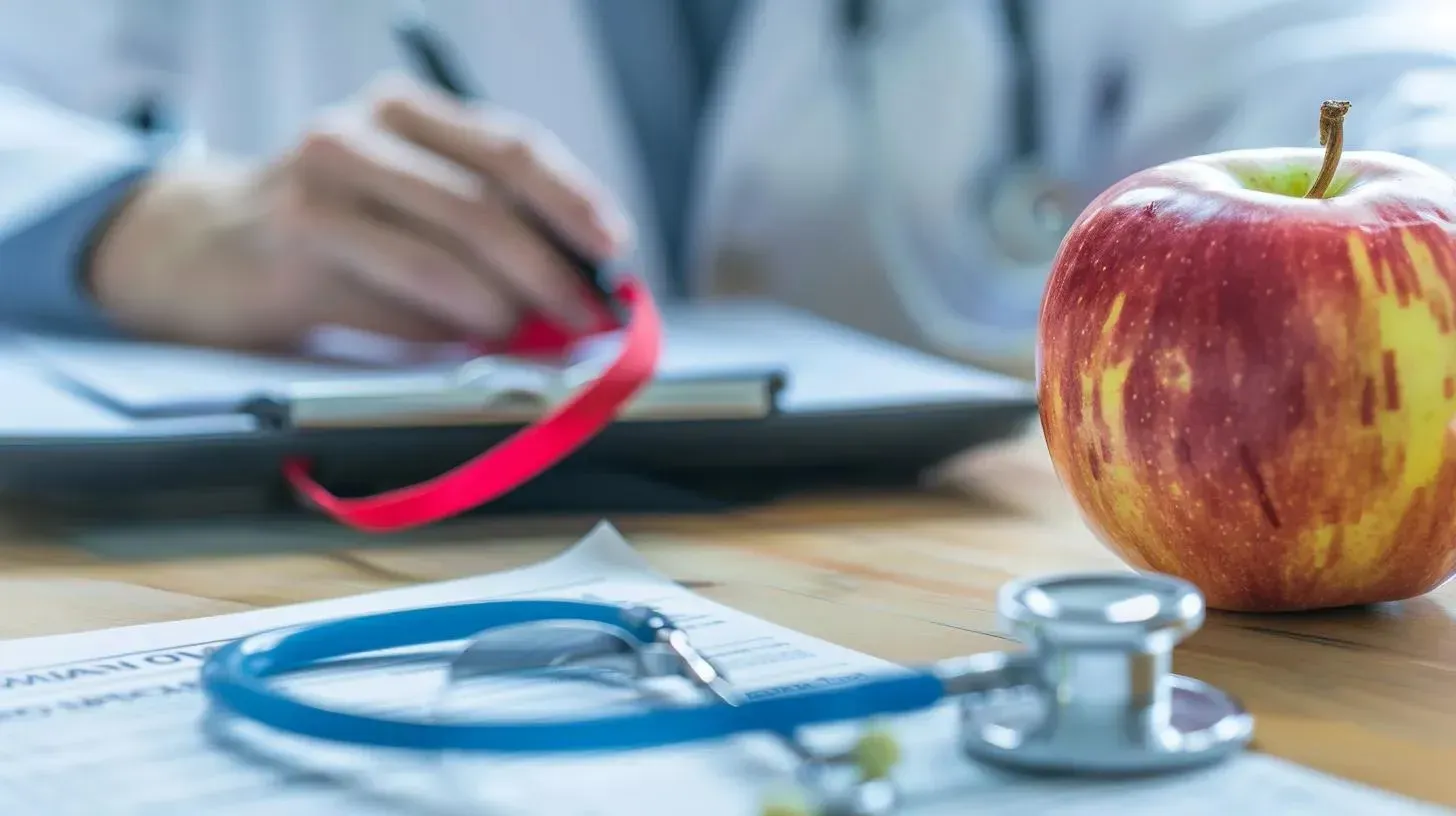 Doctor writing on clipboard with stethoscope and apple on table, symbolizing health and wellness in online weight-loss treatment discussions.