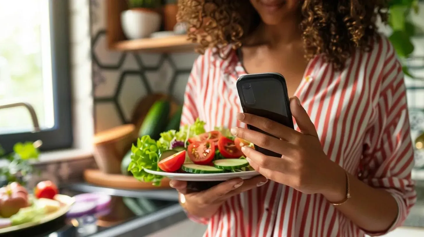 Woman holding a plate of fresh vegetables and using a smartphone in a kitchen setting, illustrating healthy eating and digital engagement in weight-loss programs.