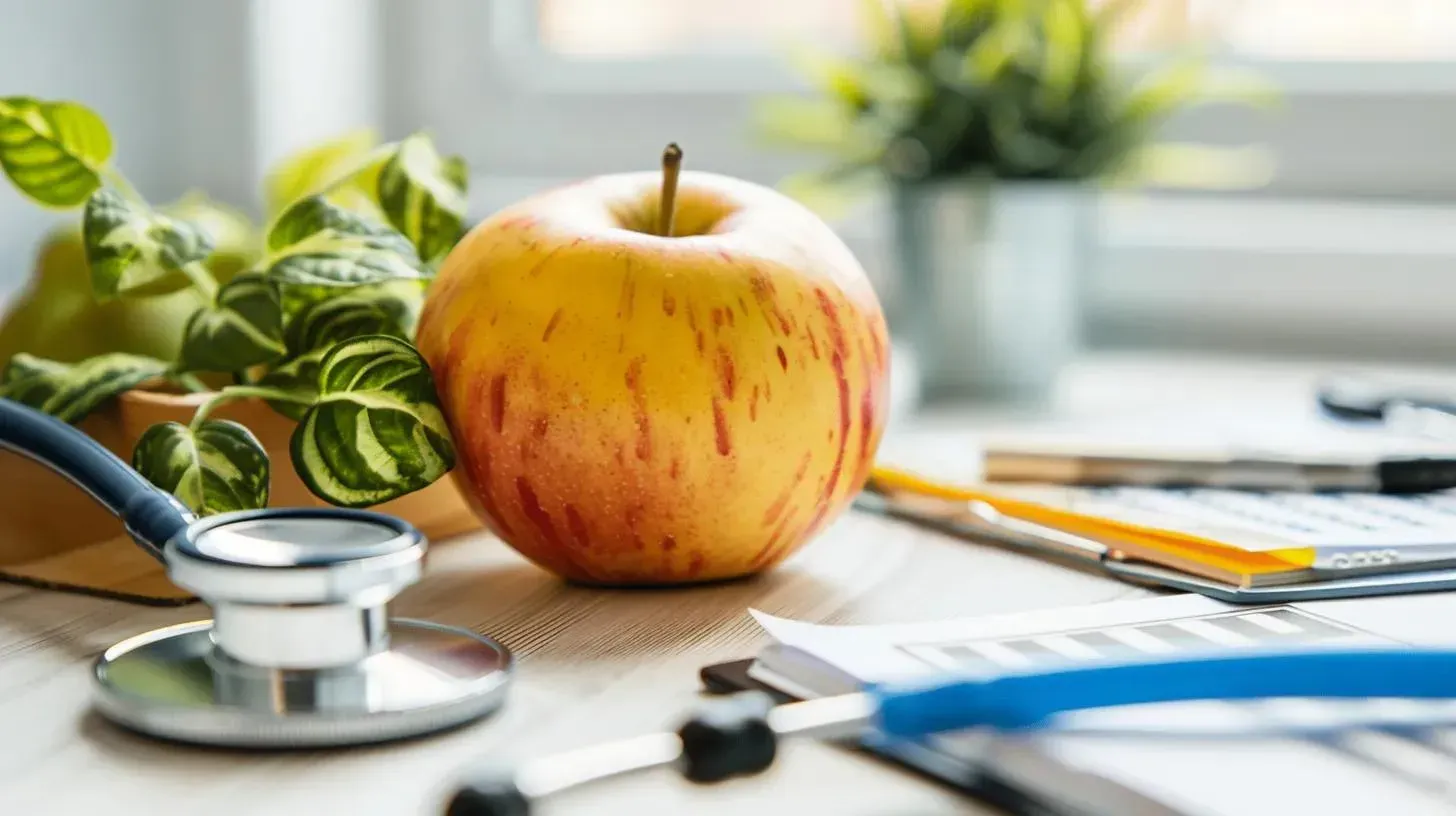 Stethoscope beside a red and yellow apple, surrounded by green plants and paperwork, symbolizing health and weight management discussions related to GLP-1 medications.