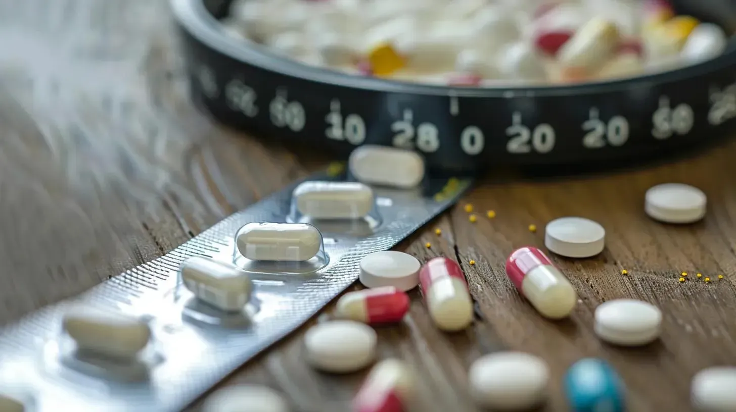 Pills scattered on a wooden surface, including white capsules and red-and-white capsules, with a measuring scale in the background, symbolizing weight management and medication transition from semaglutide to tirzepatide.