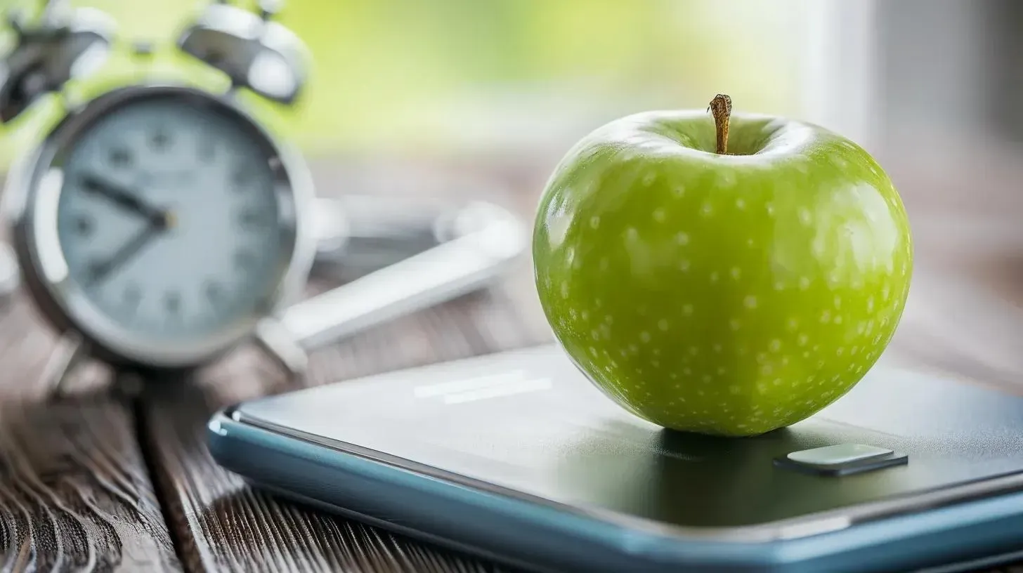 Green apple on digital kitchen scale with alarm clock, symbolizing health and weight management in the context of weight-loss medication transition.