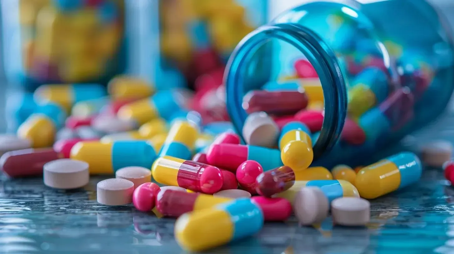 Colorful capsules and tablets spilled from a blue glass bottle, representing various medications related to compounded treatments and health solutions.
