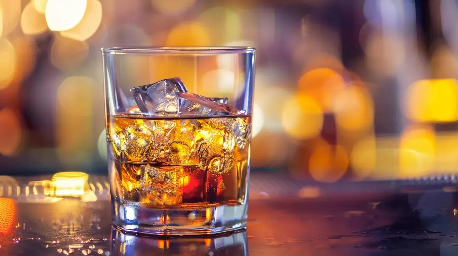 Glass of whiskey with ice cubes, illuminated by soft bokeh lights, symbolizing alcohol consumption risks while on GLP-1 medications.