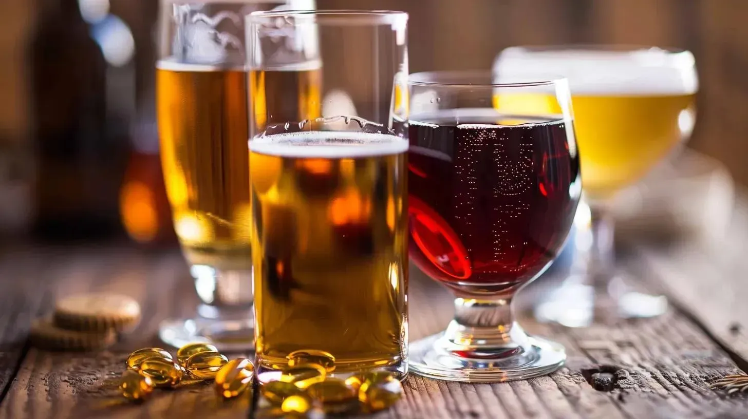Glasses of various alcoholic beverages including beer and dark red drink, with dietary supplements on a wooden surface, relevant to discussions on alcohol consumption and GLP-1 weight-loss medications.