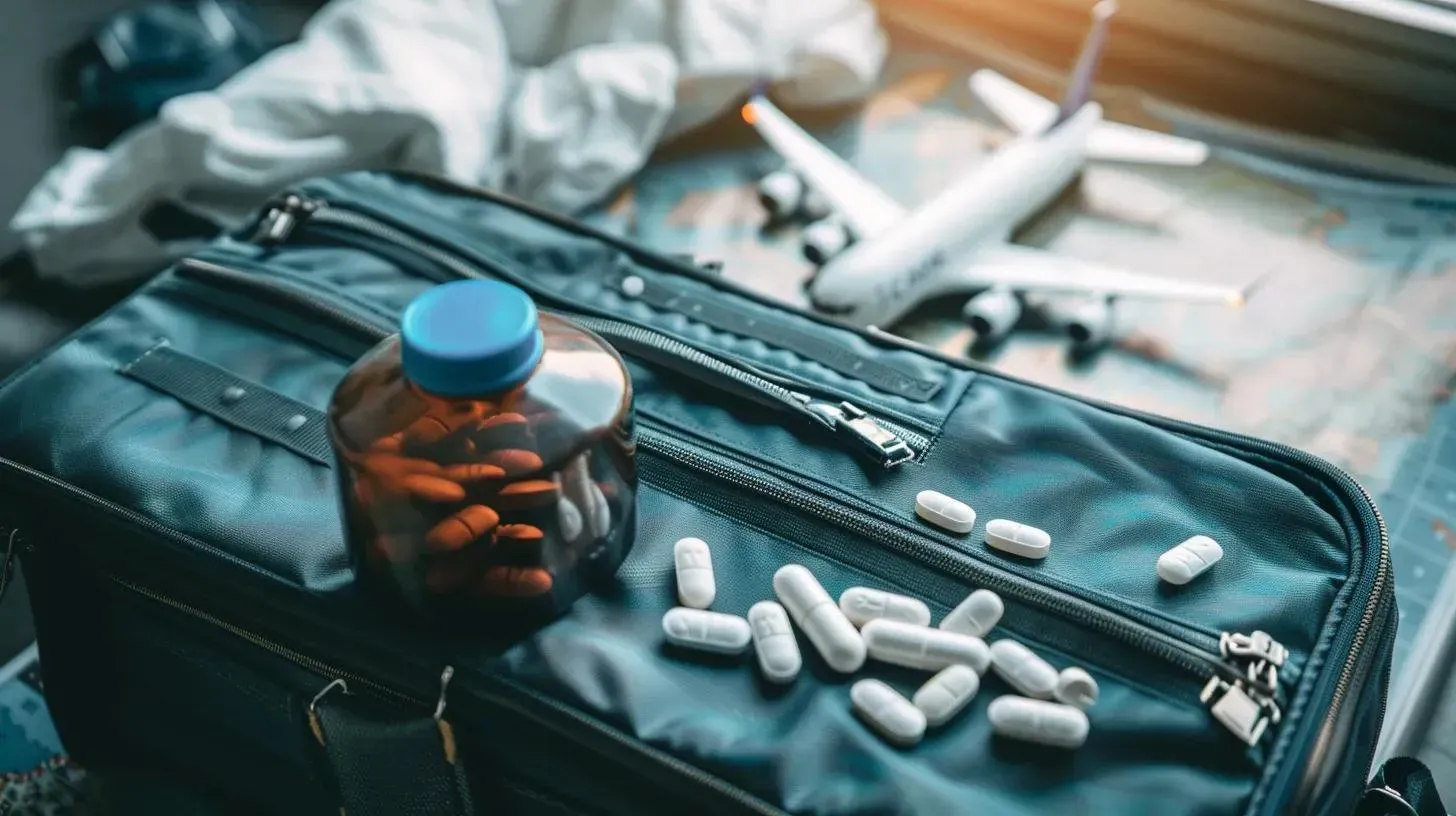 Travel bag with medication bottle and pills, emphasizing preparation for traveling with GLP-1 medications, alongside airplane model and map.