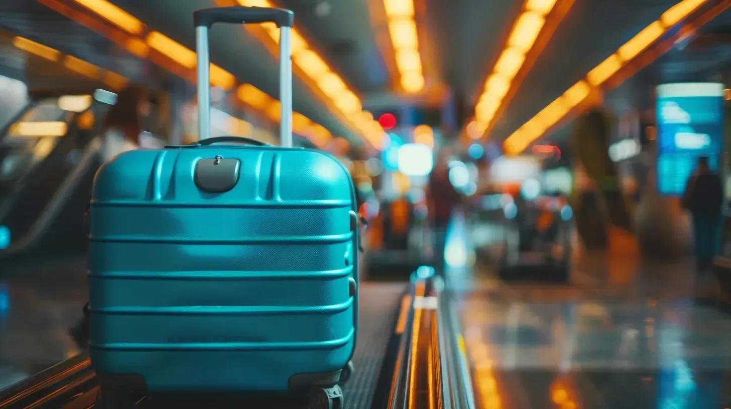 Teal suitcase on an airport moving walkway, symbolizing travel preparation for GLP-1 medication management.